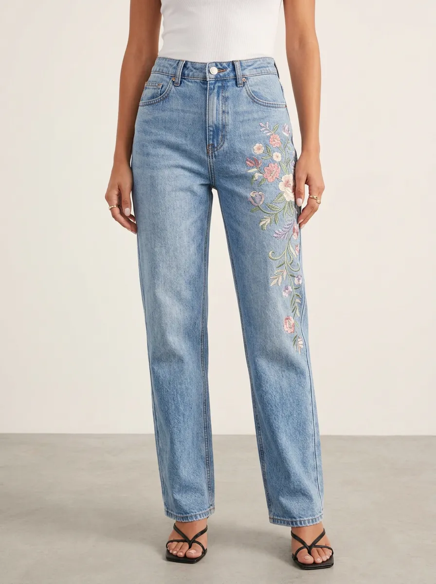 Women's Light Wash Floral Embroidered High-Rise Straight Leg Jeans