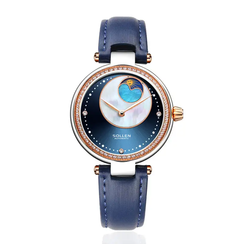 Sollen SL410 Women's Moon Phase Automatic Mechanical Watch - 32.5mm Crystal Bezel Mother of Pearl Dial Wristwatch