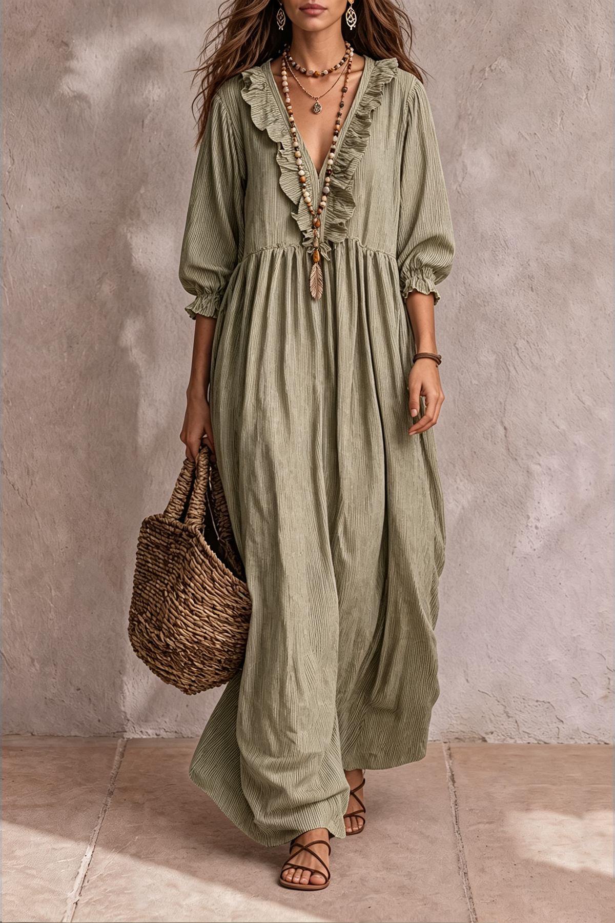 Classic Plunge Neck Striped Maxi Dress