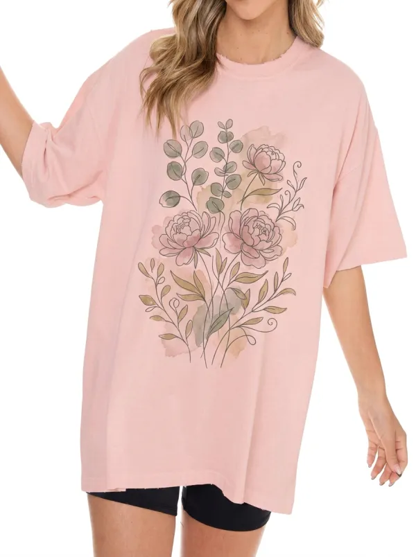 Women's Botanical Floral Watercolor Peony Printed T-shirt