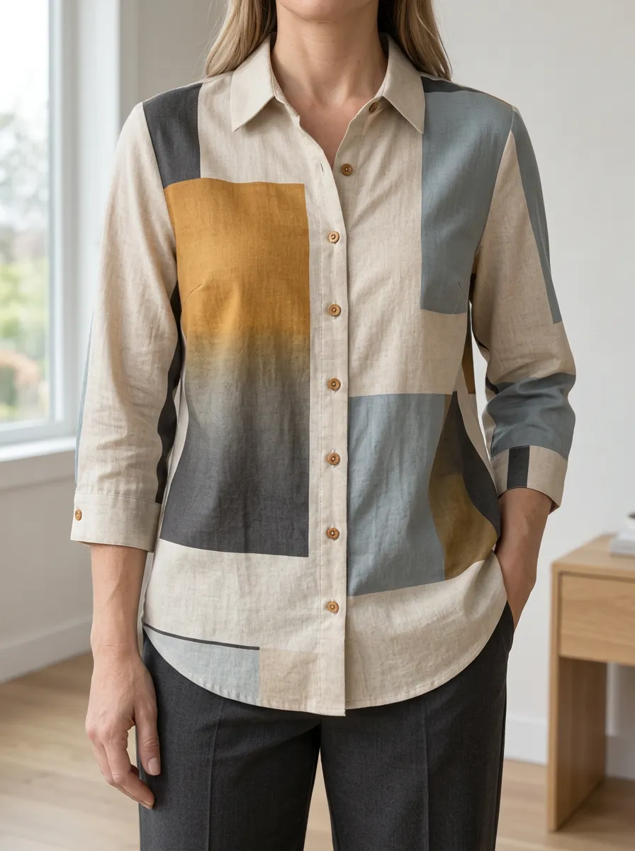 Women's Artful Abstract Geometric Colorblock Shirt