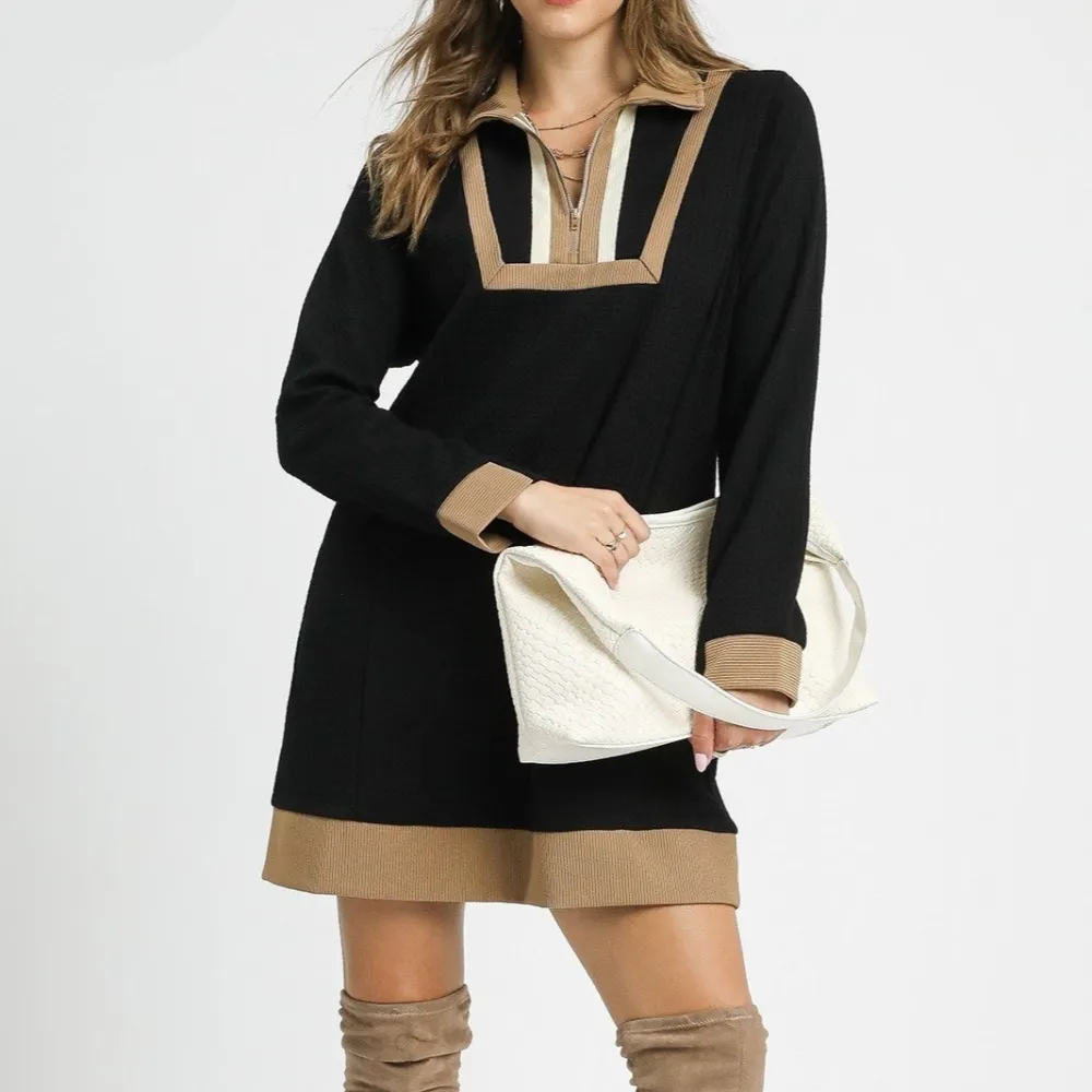 Striped Long Sleeve Half Zip Ribbed Dress