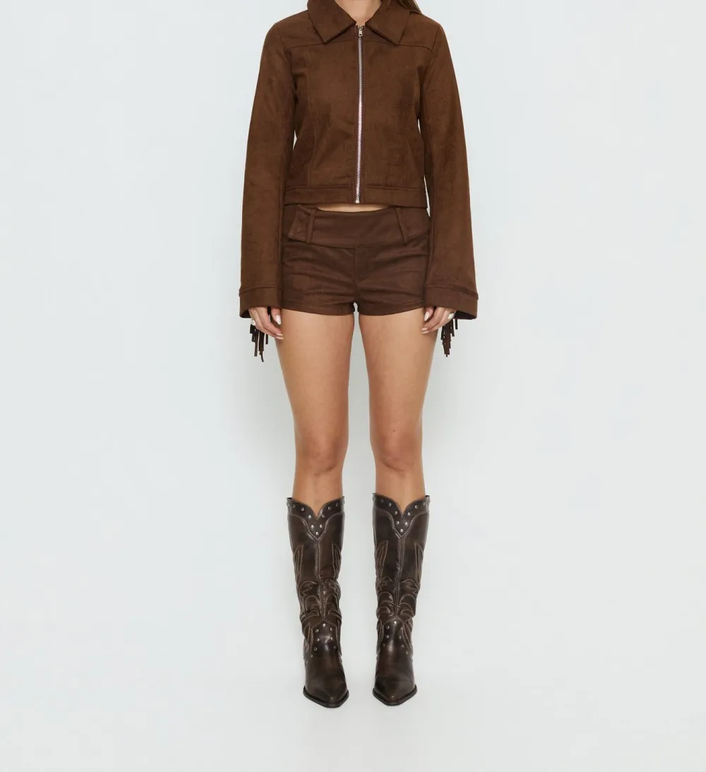 Chocolate Brown Faux Suede Fringe Collared Jacket