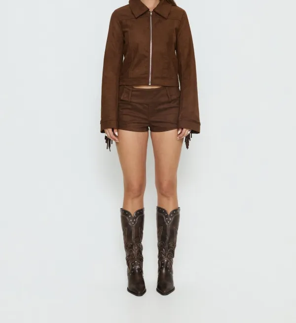 Chocolate Brown Faux Suede Fringe Collared Jacket