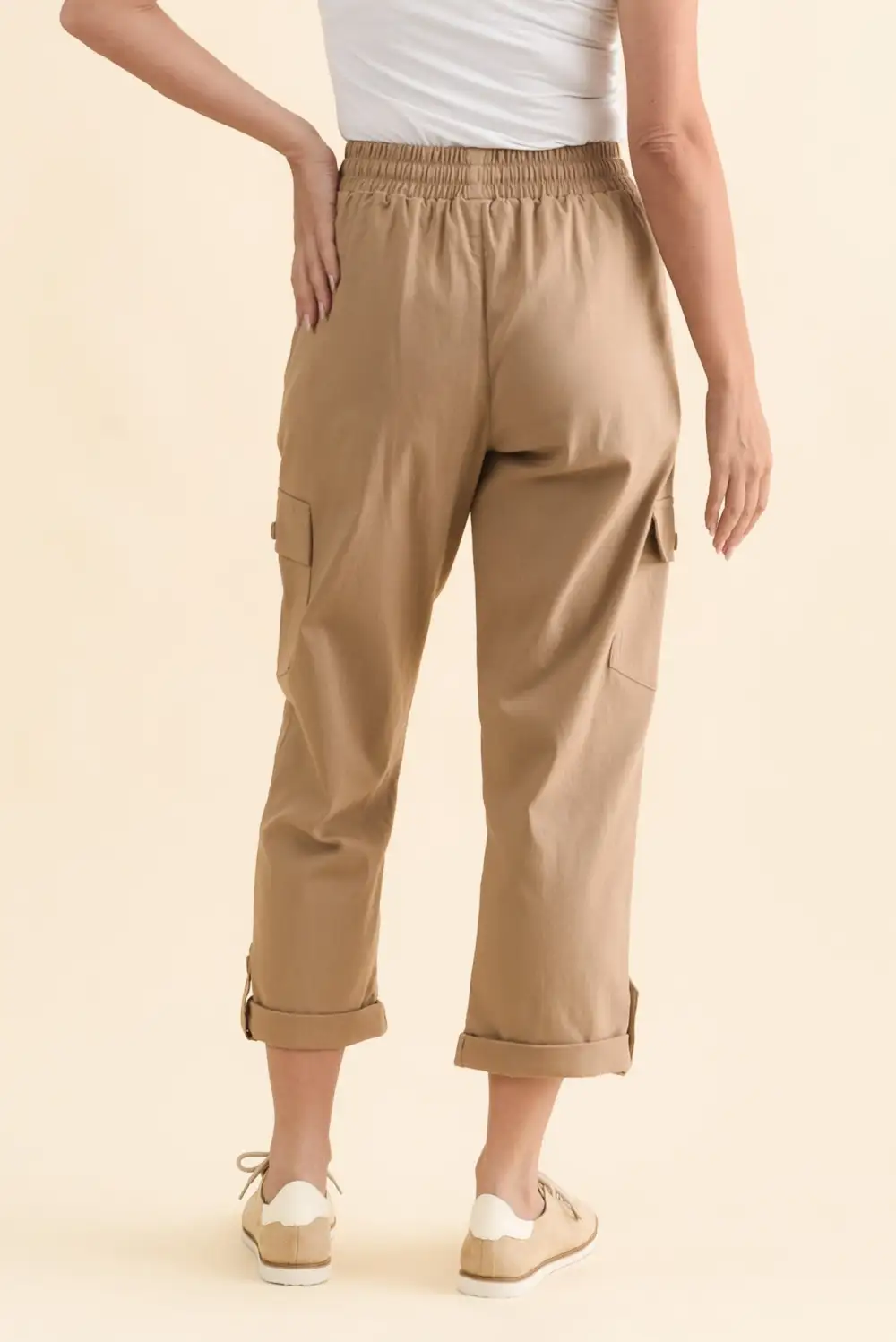 High Rise Cargo Pants With Elastic Waist And Drawstring