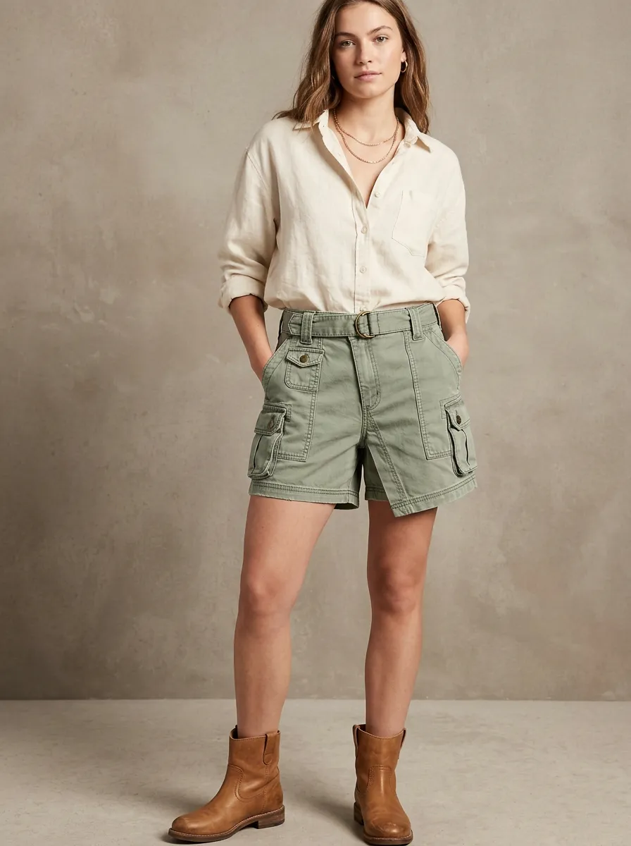Women's Casual Utility Style Olive Green Belted Cargo Shorts