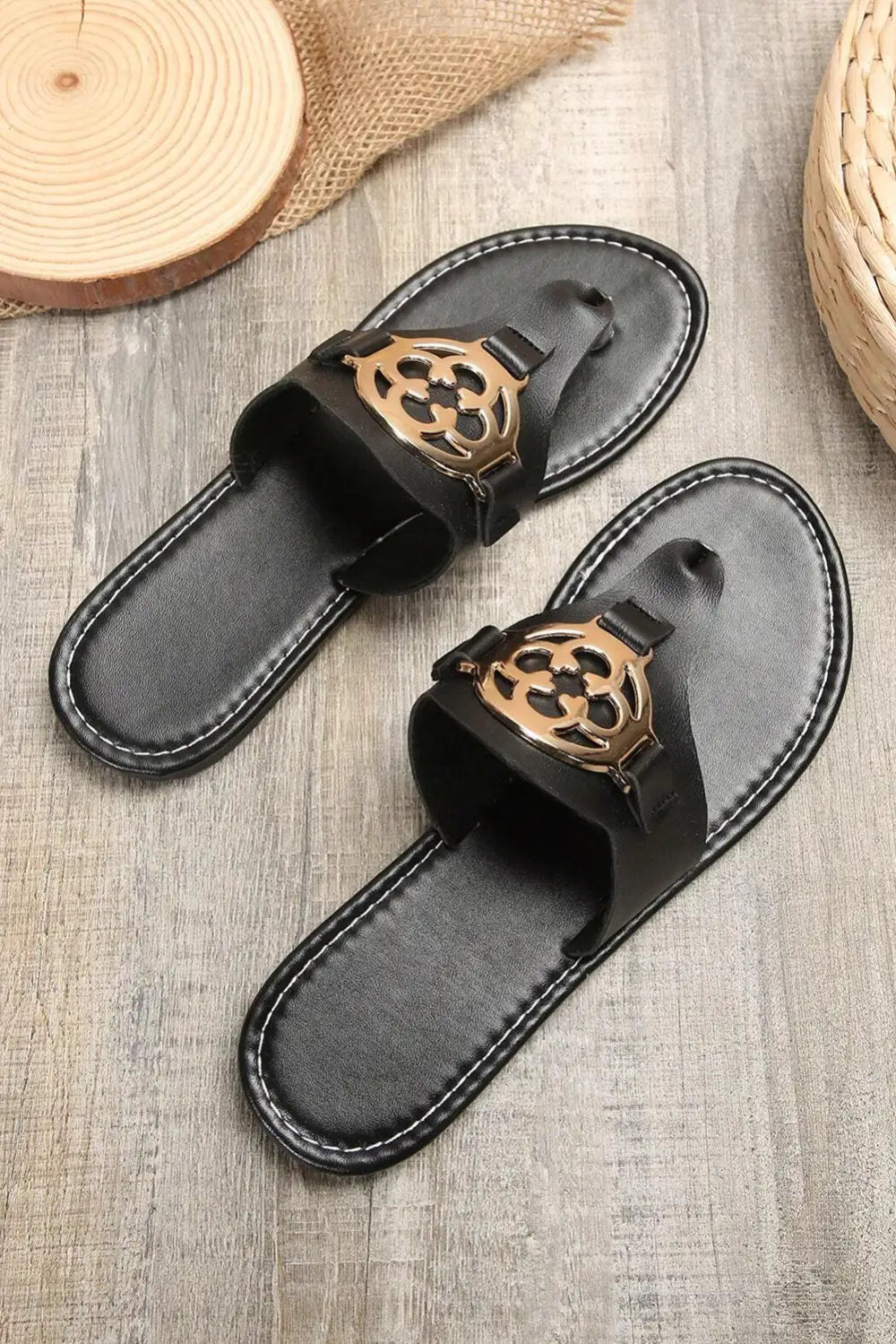 Metal Décor Leather Thong Slide Slippers Everyday