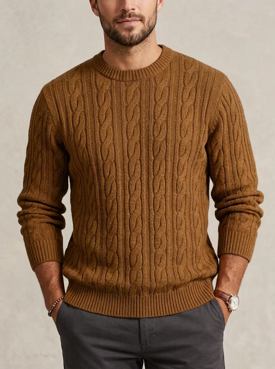 Men’s Ribbed Cable-Knit Crewneck Minimal Sweater