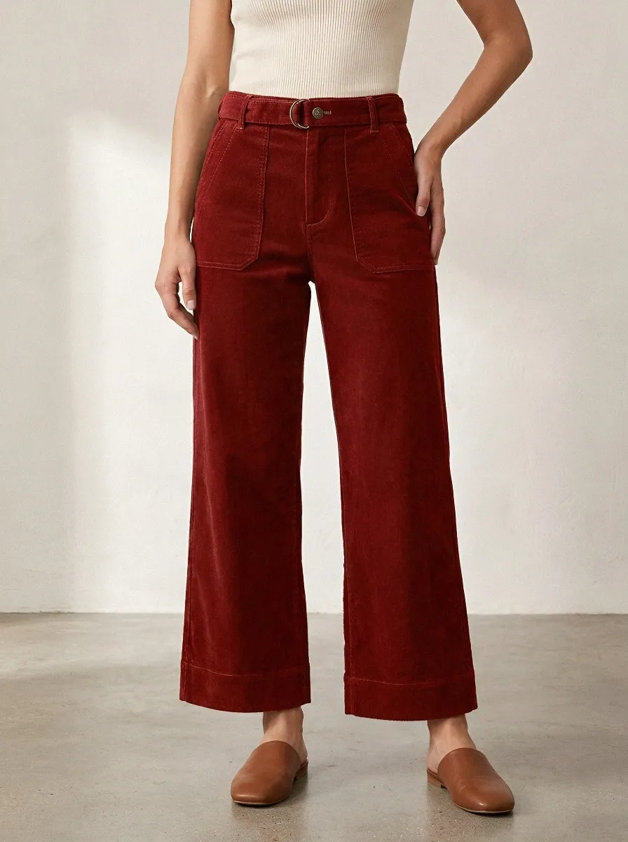 Women's Olive Green High-Waisted Wide Leg Corduroy Pants