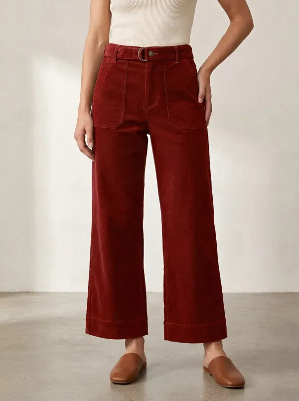 Women's Olive Green High-Waisted Wide Leg Corduroy Pants