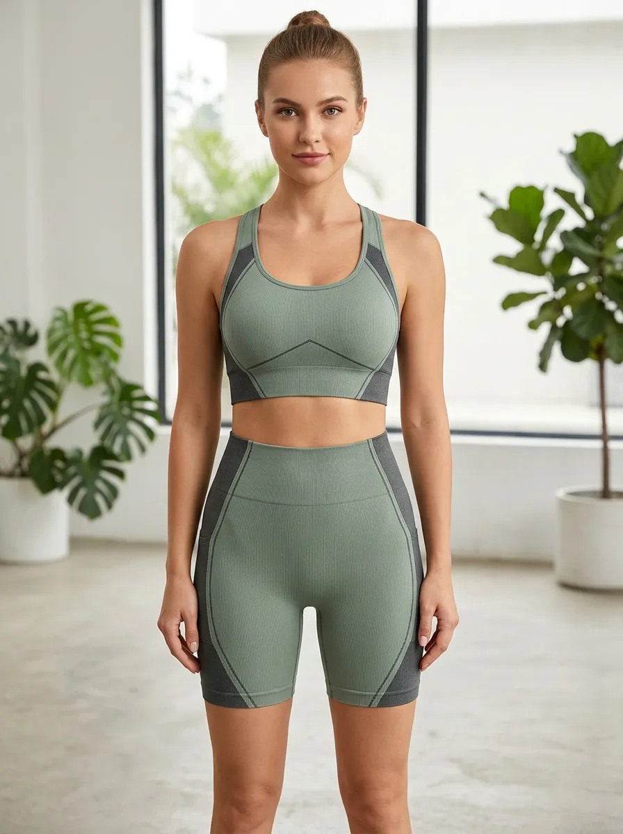 Dynamic Ribbed Texture Seamless Design Collection Women's Tank Top And Sports Shorts Set