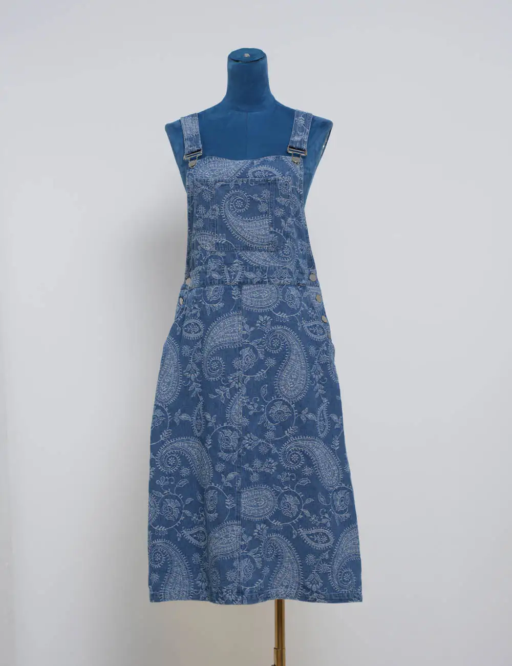 Boho Paisley Pattern Two Strap Shoulder Denim Midi Dress