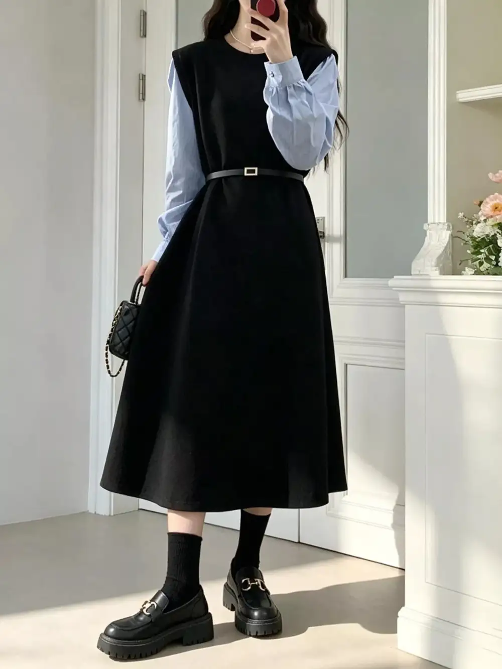 Contrast Sleeve A-Line Dress With Belt
