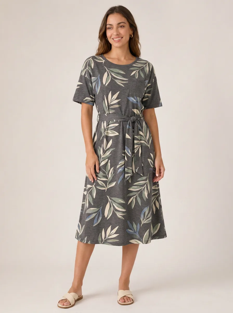 Women's Botanical Nature-Inspired Leaf Midi-Length Midi Dress