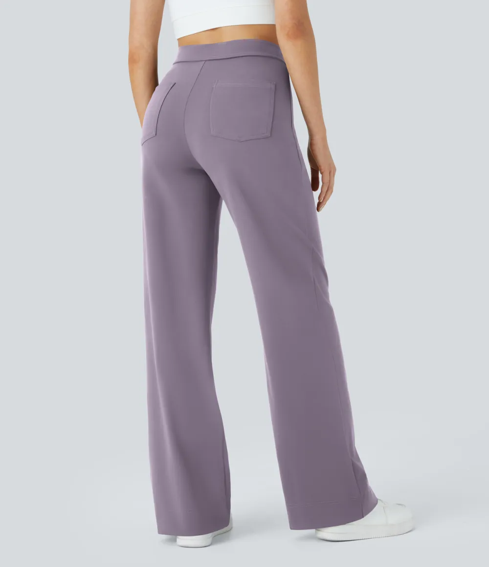 High Waisted Button Multiple Pockets Straight Leg Casual Pants