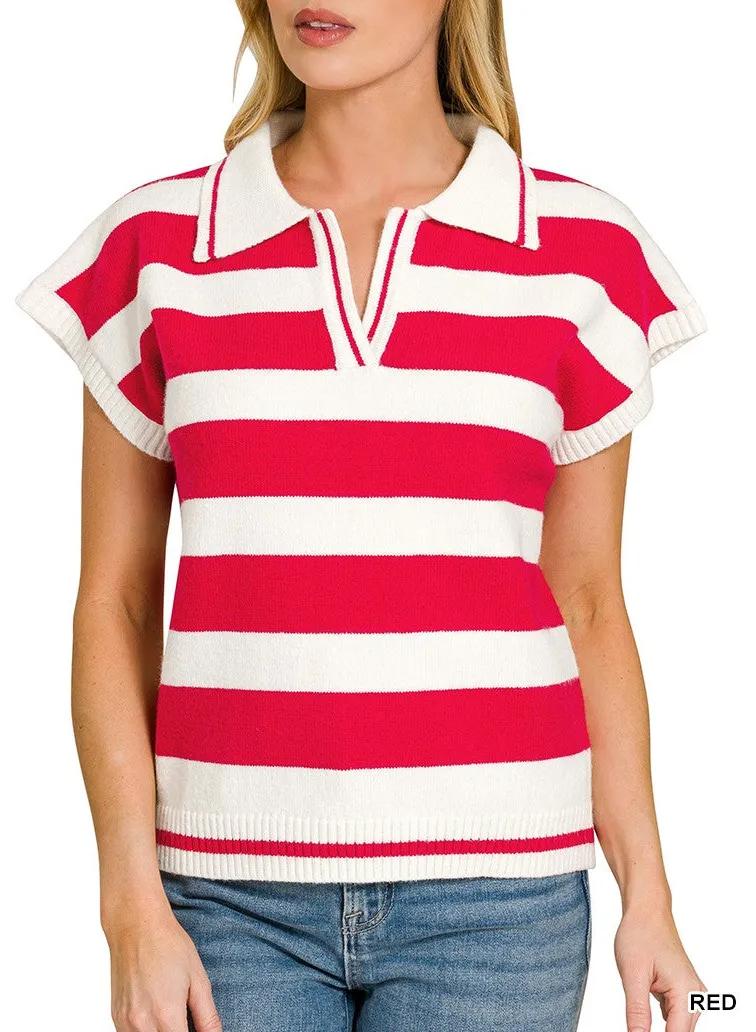 Striped Collared Ribbed Short Sleeve Sweater