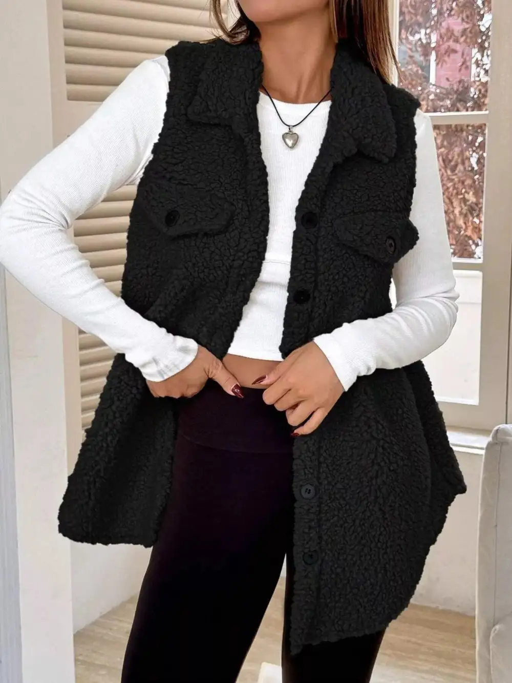 Button Down Sherpa Fleece Vest Coat