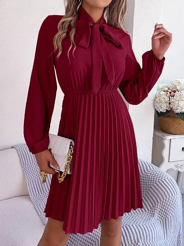 Long Sleeve Relaxed Pleated Solid Color Tied Mock Neck Mini Dress