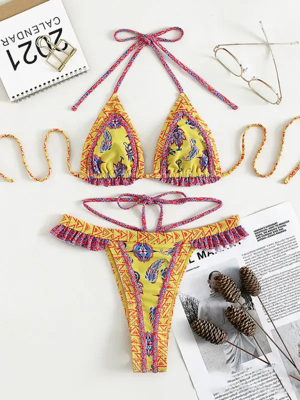 Ethnic Print Halter Neck Tie Bikini Swim Set