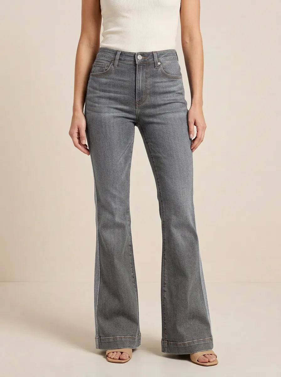 Five Pocket Contrast Stitch Faded Finish Printed Detail Flare Jeans