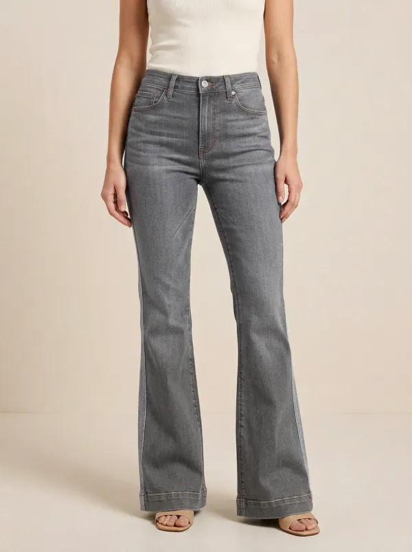 Five Pocket Contrast Stitch Faded Finish Printed Detail Flare Jeans