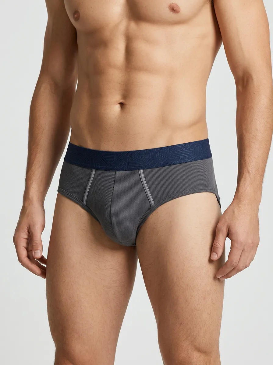 Men's Ribbed Grey Geometric Waistband Printed Briefs