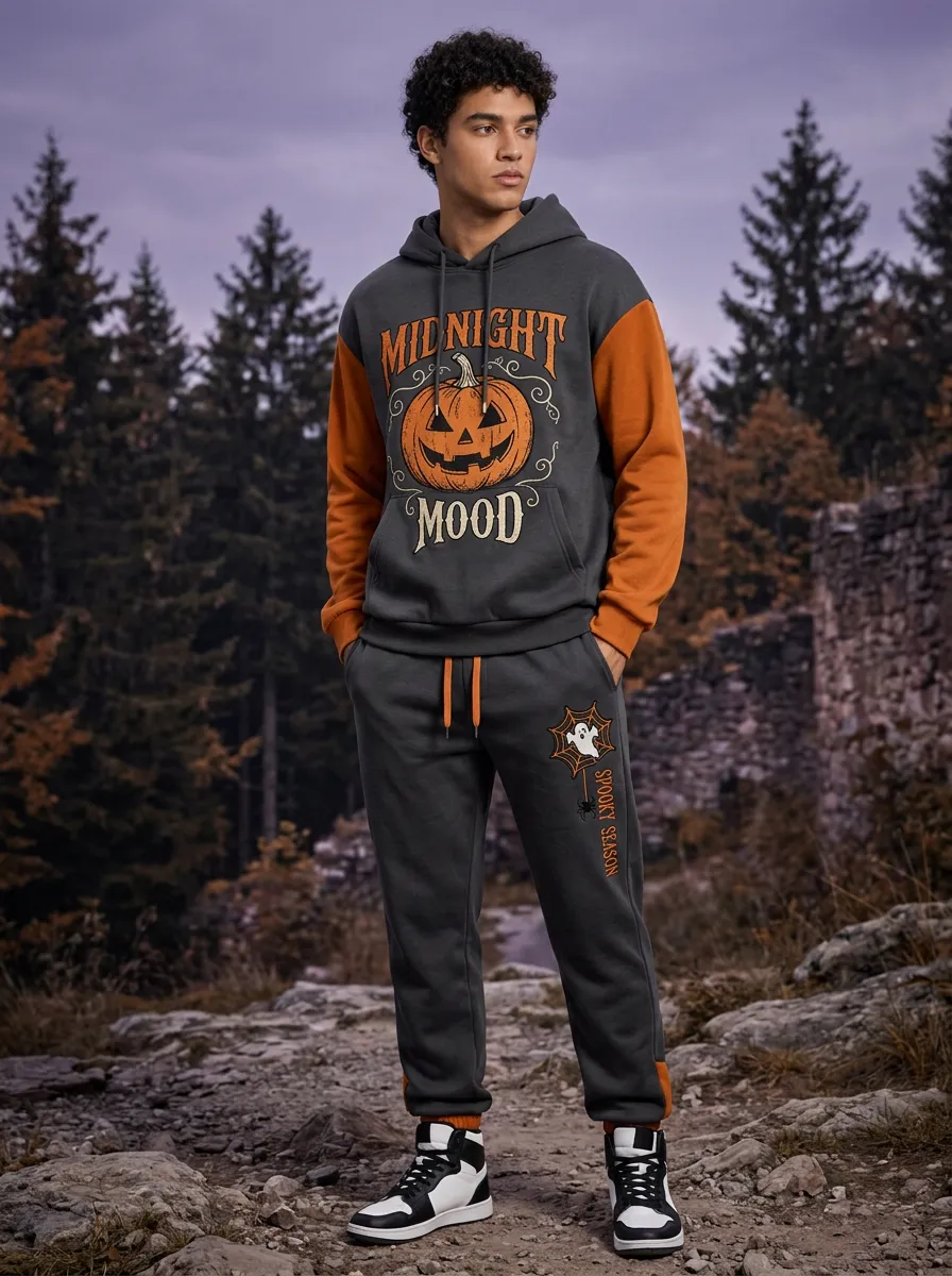Men's Halloween Orange Charcoal Midnight Mood Pumpkin Ghost Colorblock Hoodie Jogger Set