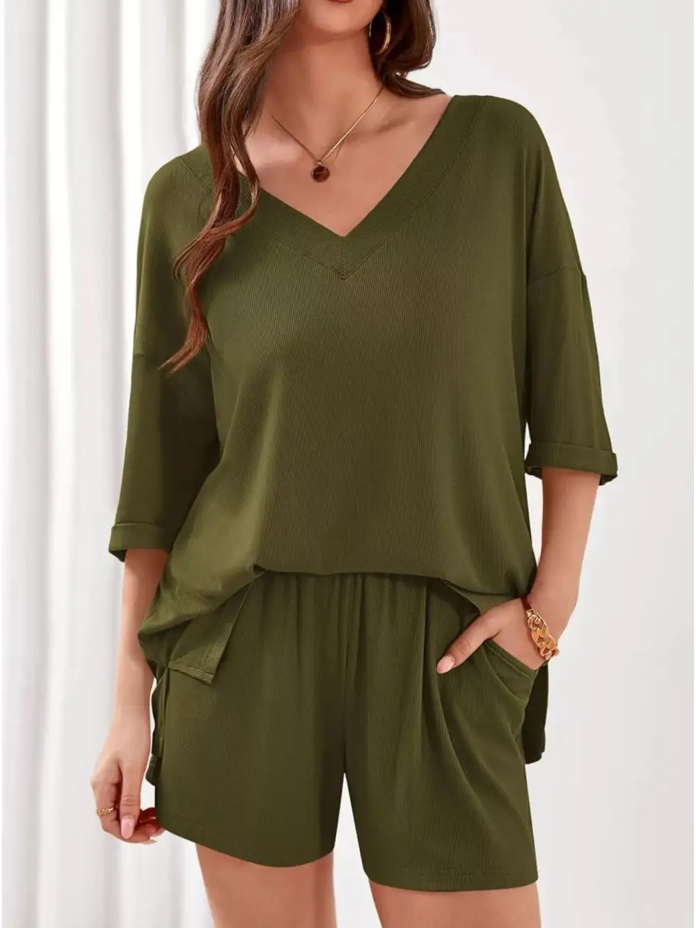 Casual Solid Color V Neck Top and Shorts Set