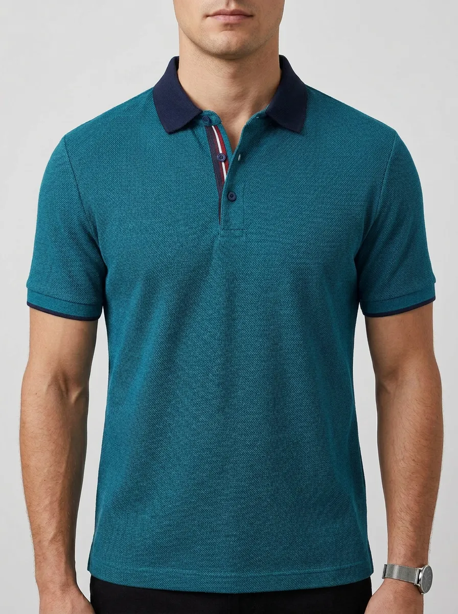 Men's Smart-Casual Textured Charcoal Navy Trim Polo Shirt