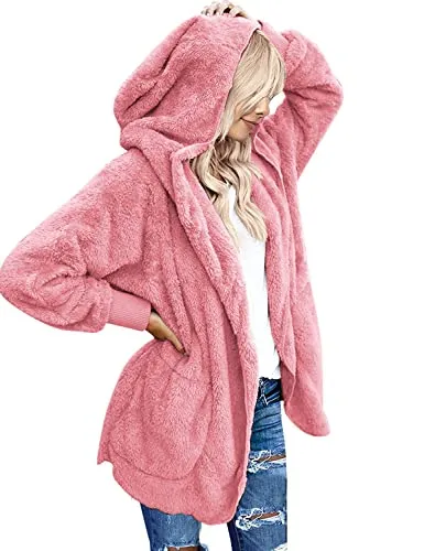 Womens Fuzzy Fleece Open Front Hooded Cardigan Jackets Sherpa Coat with Pockets