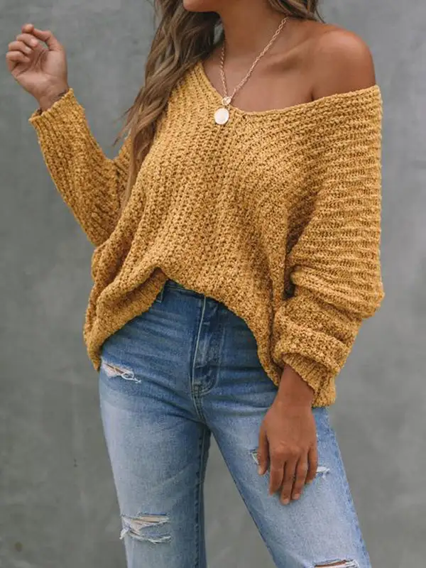 V-Neck Long Sleeve Relaxed Fit Pullover Sweater