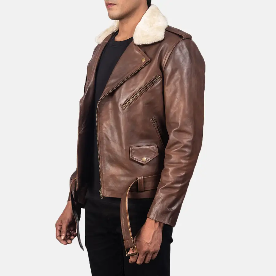 Men's Biker Leather Fur Trim Jacket