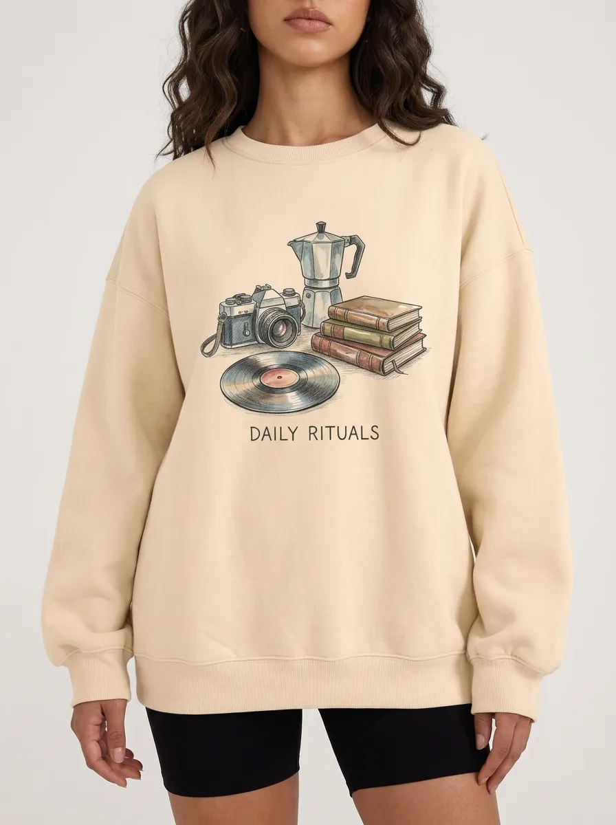 Women's Daily Rituals Camera Coffee Book Vinyl Printed Sweatshirt