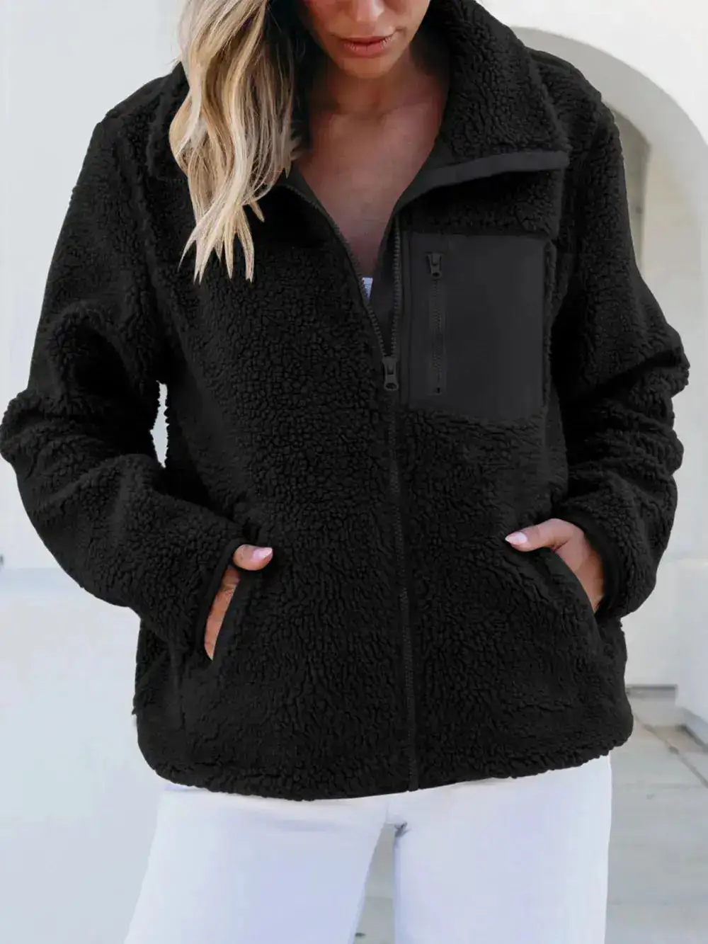 Plush Zip Front Pocketed Casual Jacket