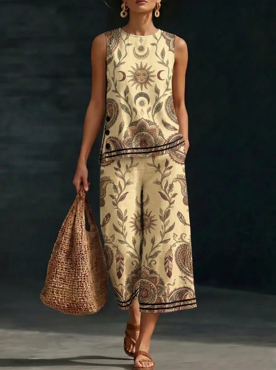 Women's Boho Celestial Sun Moon Paisley Printed Sleeveless Set