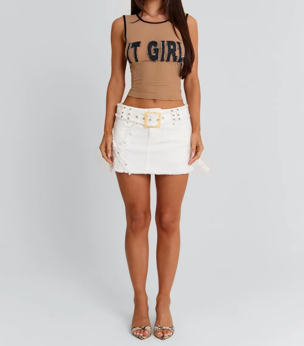 White Studded Denim Mini Skirt