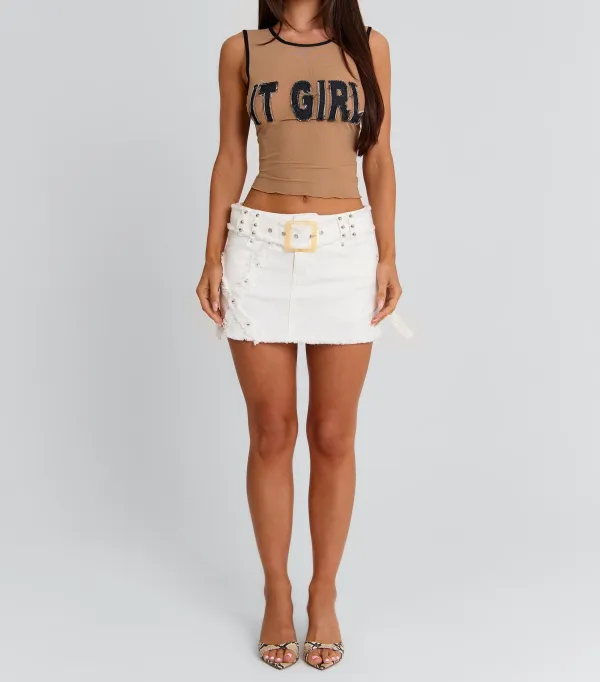 White Studded Denim Mini Skirt