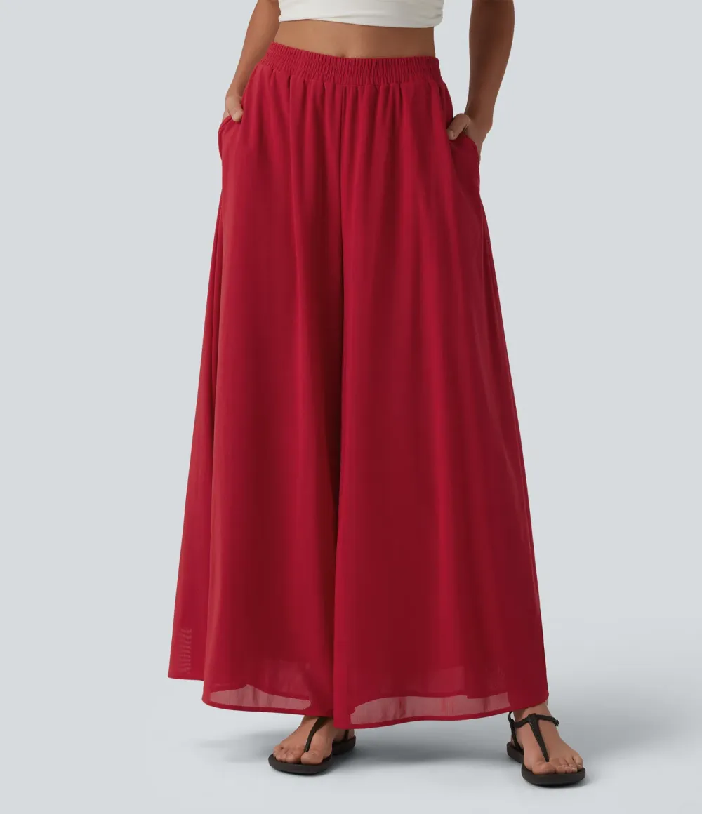 High Waisted Pocket Mesh Overlay Wide Leg Casual Pants