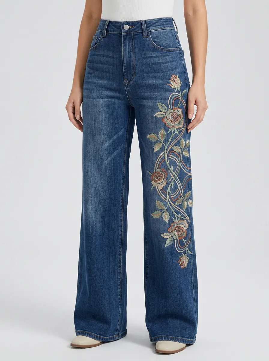 Women's Floral Left-Leg Embroidered High-Rise Stretch Jeans