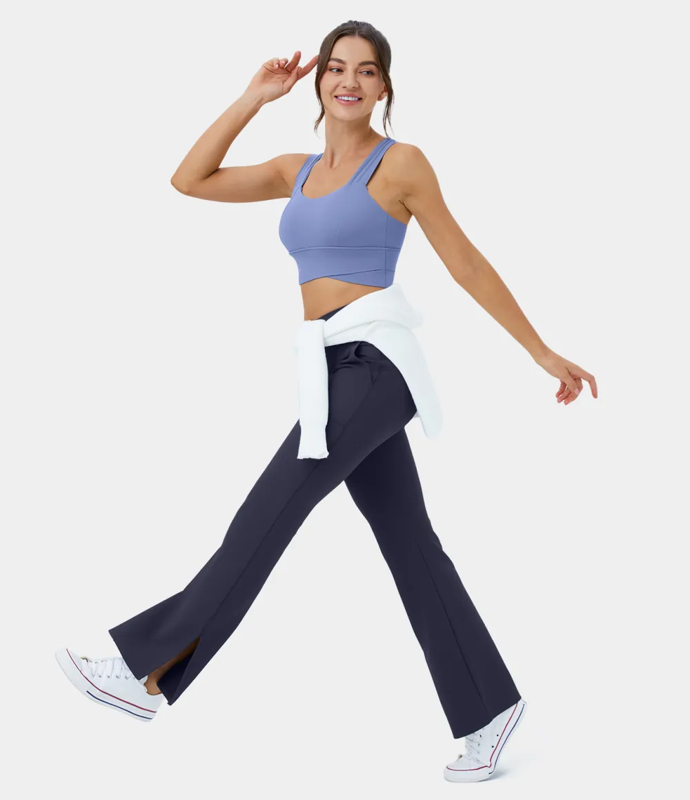 Patitoff Flow Pet Hair Resistant Crossover Pocket Split Hem Yoga Flare Leggings-Smile