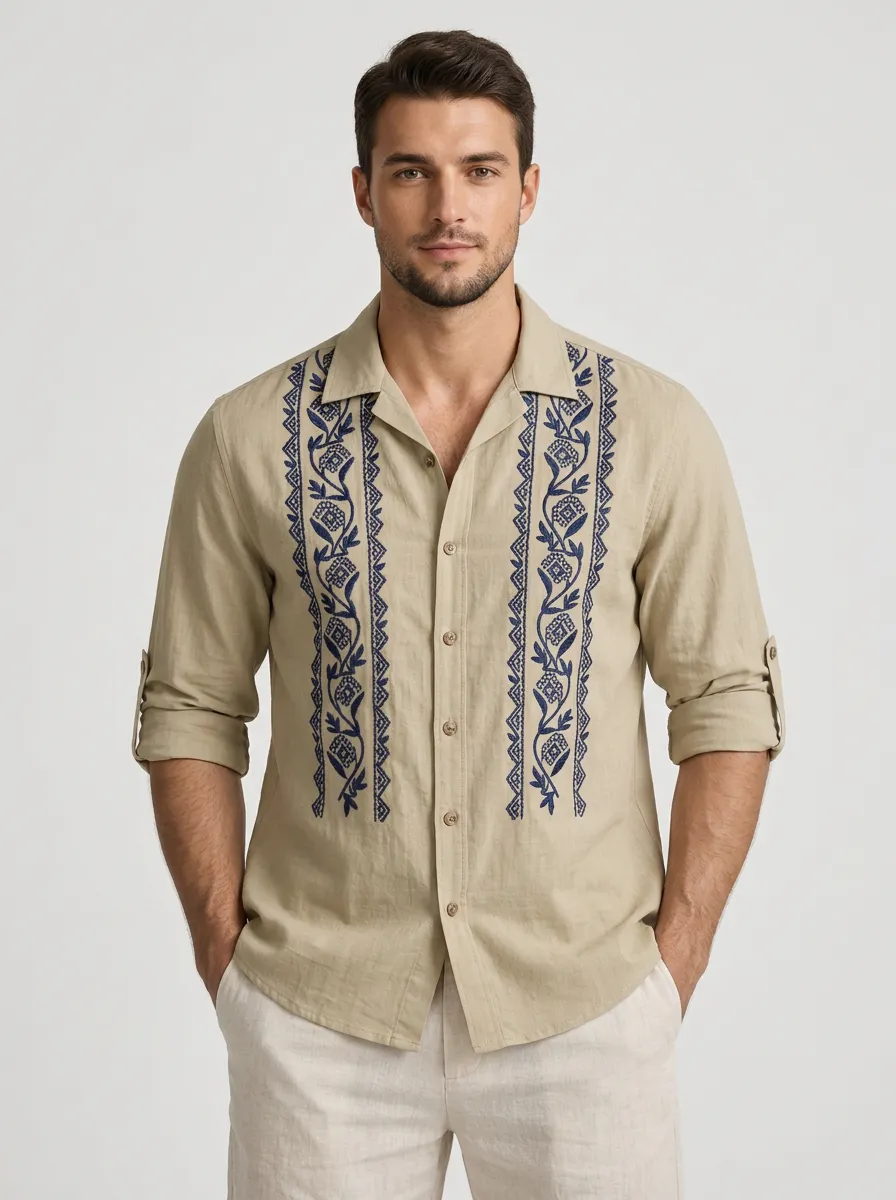 Men's Floral Boho Easygoing Embroidered Linen Shirt