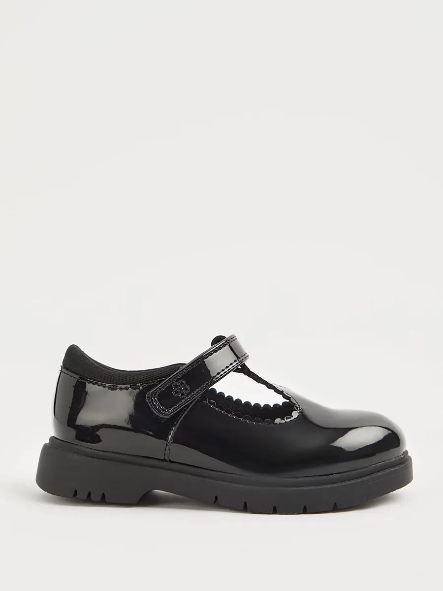 Black Patent Scallop T-Bar School Shoes