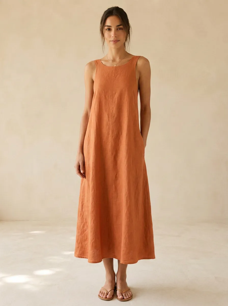 Women's Soft-Line Casual Linen Midi Backless Dress