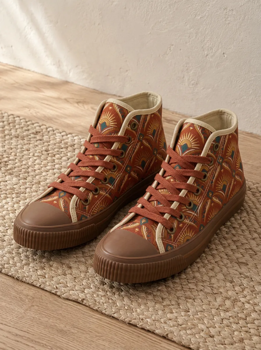 Women's Boho Sun Pattern Rust Orange Printed Canvas Shoes