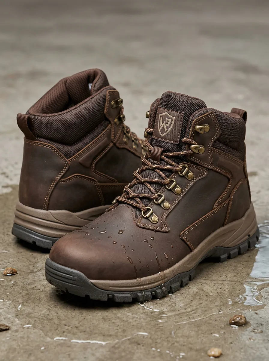 Men's Tactical Waterproof Brown Leather Work Boots with Printed Detail