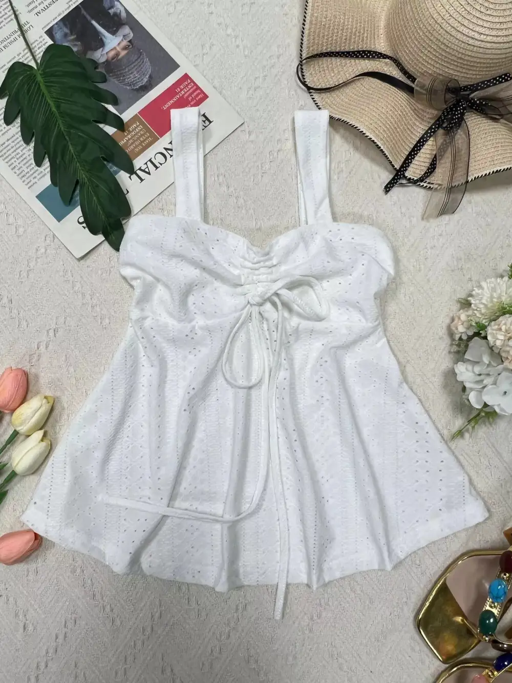 Eyelet Embroidered Drawstring Cami Top