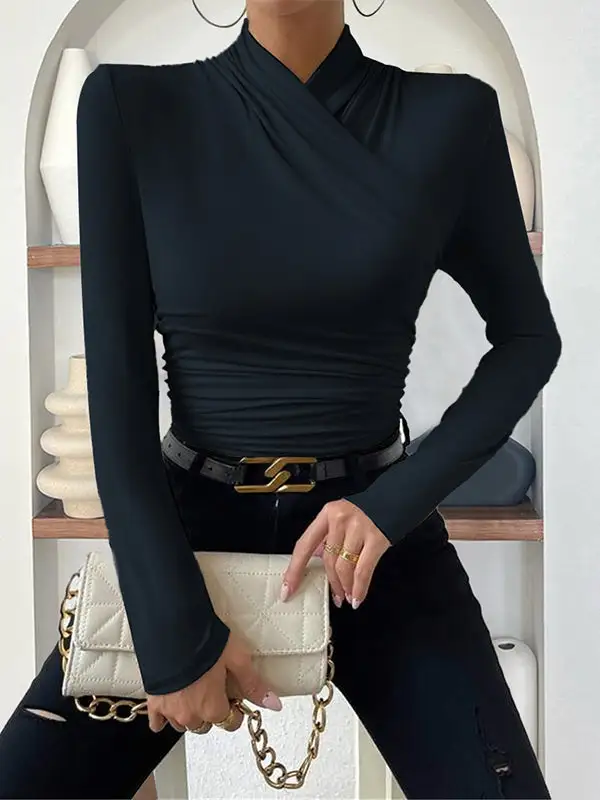Long Sleeve Slim Fit Pleat Detail Mock Neck T-Shirt