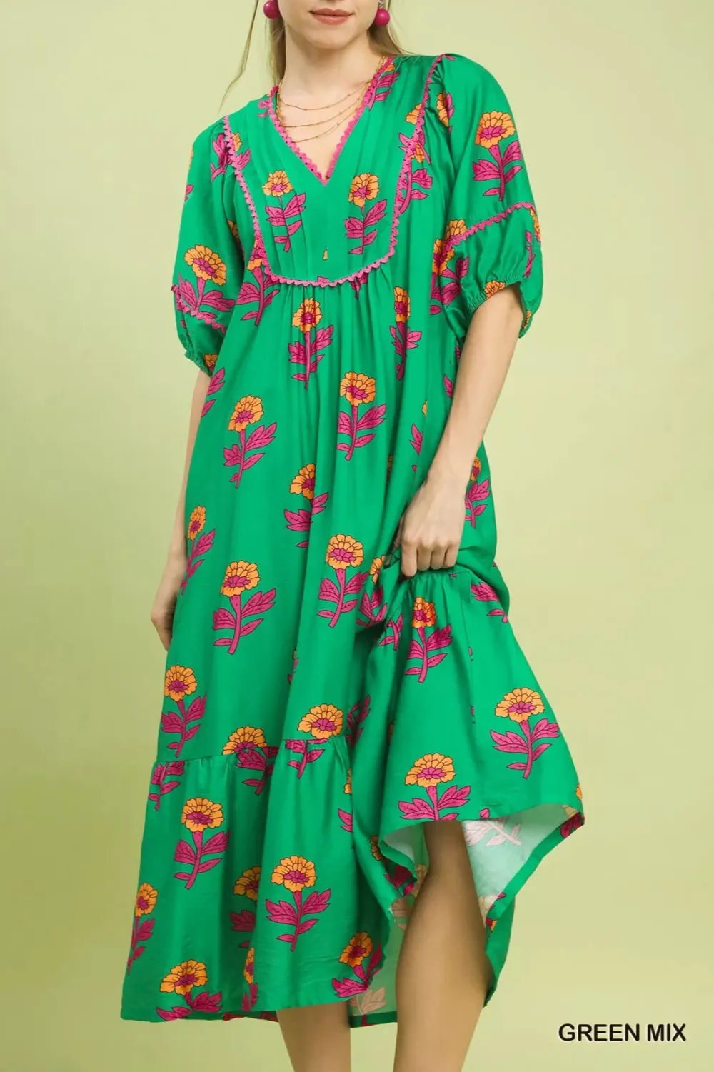Modern Floral Print Pocketed Midi Dress