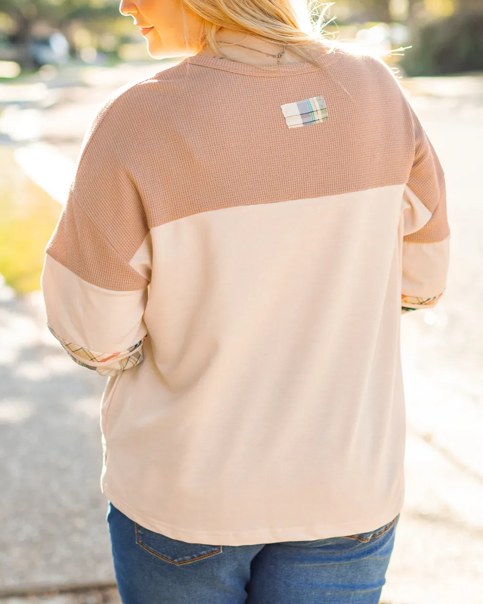 Women's Plaid Henley Neck Patchwork Top