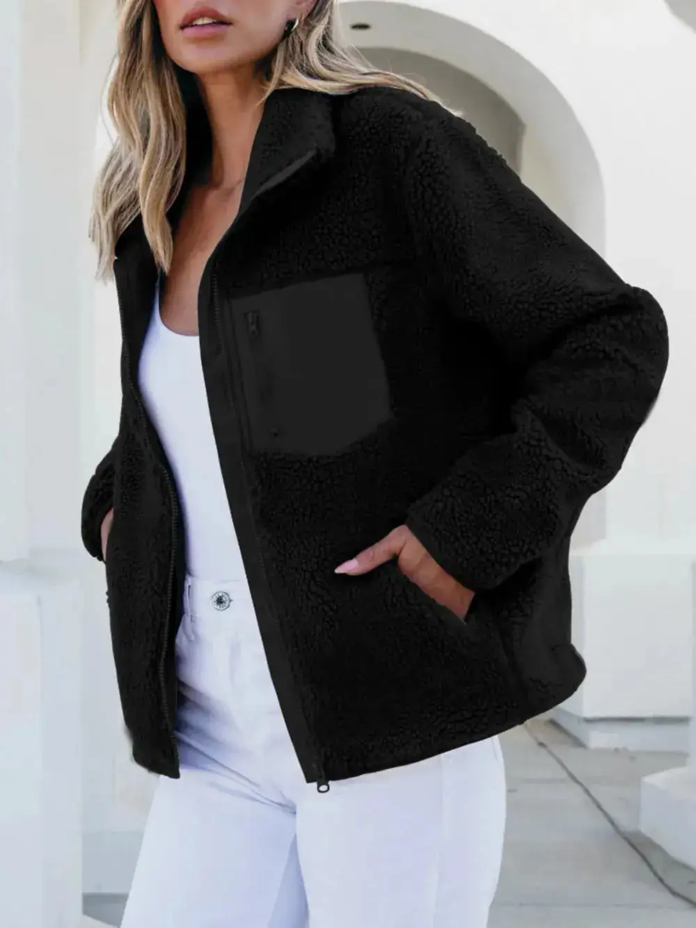 Plush Zip Front Pocketed Casual Jacket